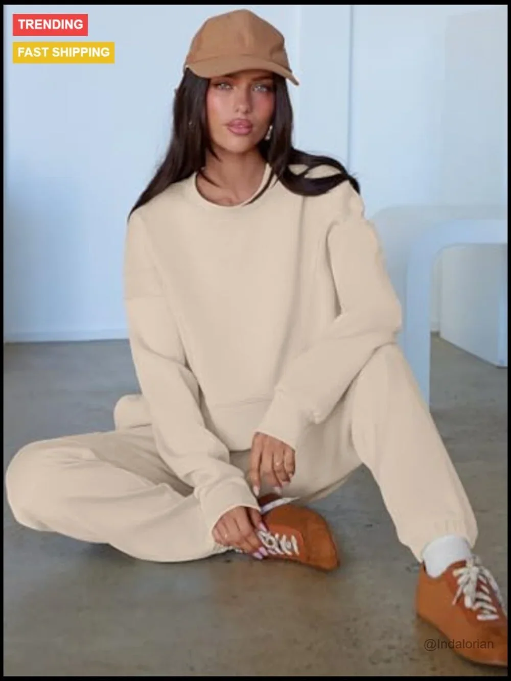 Cropped Sweatshirt Joggers Lounge Set Loose Fit Rayon Polyester Elastane - Picture 4 of 7